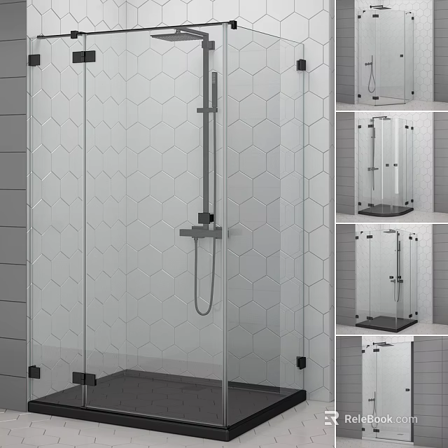 Shower Sauna Interior Design Featuring Glass Enclosure Hexagonal Tile Wall And Handheld Shower 3d model 