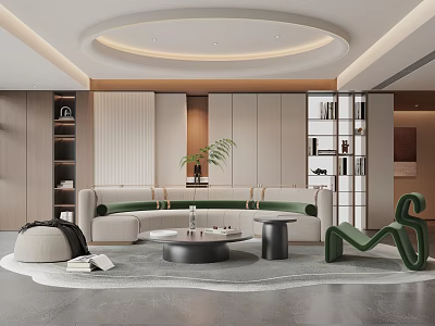 Modern Living Room Interior With Curved Sofa Round Coffee Table Green Plants And Unique Chair 3d model