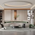 Modern Living Room Interior With Curved Sofa Round Coffee Table Green Plants And Unique Chair