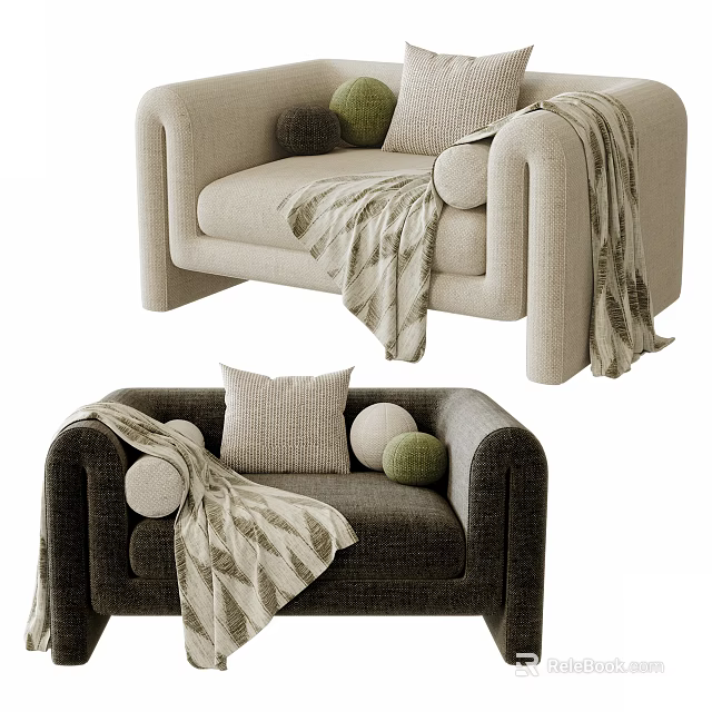 Cozy Rounded Arm Upholstered Armchair With Soft Pillows And Knitted Throw Blanket 3d model 