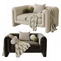 Cozy Rounded Arm Upholstered Armchair With Soft Pillows And Knitted Throw Blanket