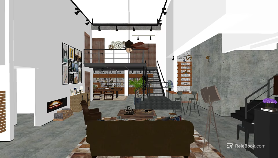 Stylish Lounge Area Interior With Brown Sofa Vintage Decor Fireplace Green Plant And Bookshelves 3d model 