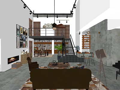 Stylish Lounge Area Interior With Brown Sofa Vintage Decor Fireplace Green Plant And Bookshelves 3d model