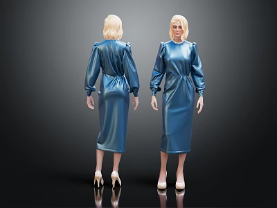 Shiny Blue Long Sleeve Dress On Model With Front And Back View And High Heels 3d model