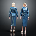 Shiny Blue Long Sleeve Dress On Model With Front And Back View And High Heels