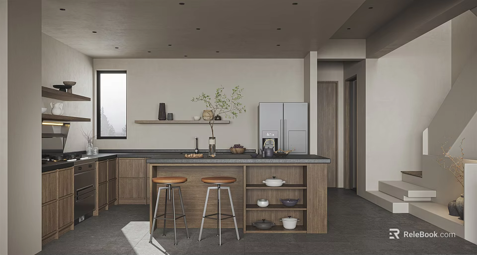 Modern Kitchen Interior Design With Wooden Cabinets Island Stools Refrigerator And Decorative Shelves 3d model 