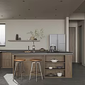 Modern Kitchen Interior Design With Wooden Cabinets Island Stools Refrigerator And Decorative Shelves