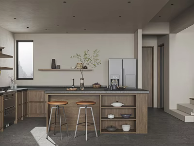 Modern Kitchen Interior Design With Wooden Cabinets Island Stools Refrigerator And Decorative Shelves 3d model