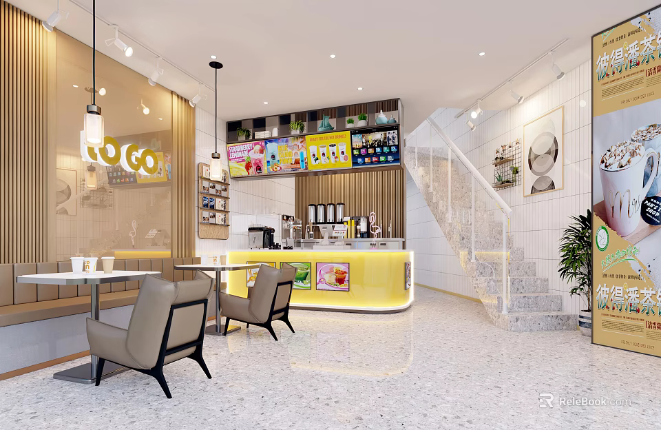 Bright Modern Bubble Tea Shop Interior With Display Shelves Drinks Tables Chairs And Cozy Seating 3d model 