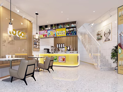 Bright Modern Bubble Tea Shop Interior With Display Shelves Drinks Tables Chairs And Cozy Seating 3d model