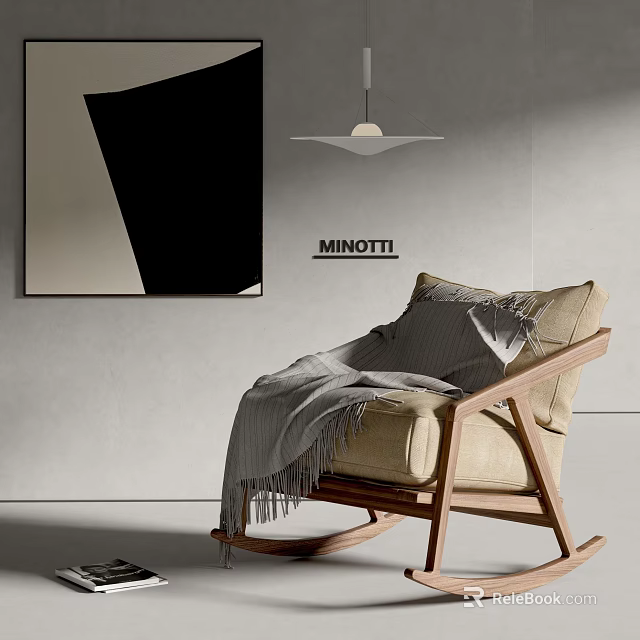 MINOTTI Beige Minimalist Leisure Rocking Chair With Wooden Frame And Fringed Blanket 3d model 