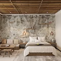 Rustic Bedroom With Stone Wall Wooden Ceiling And Cozy Decor 3d model