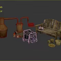 Rustic Garden Decorative Pieces with Clay Pots Pipes Wooden Bench Wheelbarrow and Baskets