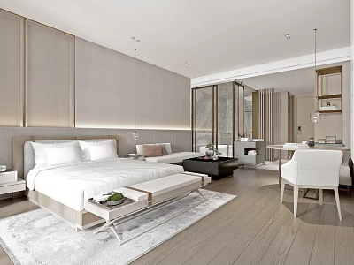 Modern Minimalist Hotel Room Interior With Bed And Sofa 3d model