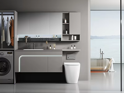 Modern Bathroom Washbasin With Washing Machine Toilet And Sea View Through Floor To Ceiling Window 3d model