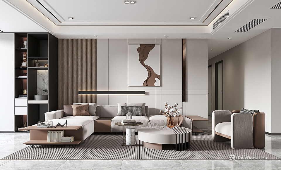 Modern Living And Dining Room Interior Design With Sofa Coffee Table Artwork And Lighting 3d model 