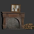 Classic Wooden Fireplace Interior With Decorative Painting And Firewood Stack