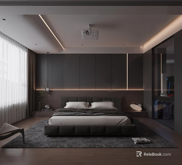 Modern Bedroom Interior Featuring Large Bed Dark Cabinets Ceiling Projector And Floor To Ceiling Windows 3d model