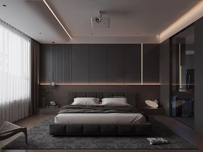Modern Bedroom Interior Featuring Large Bed Dark Cabinets Ceiling Projector And Floor To Ceiling Windows 3d model