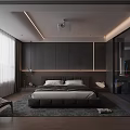 Modern Bedroom Interior Featuring Large Bed Dark Cabinets Ceiling Projector And Floor To Ceiling Windows 3d model