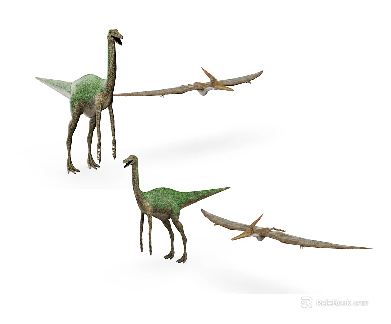 Two Green Reptiles with Long Wings and Slender Legs in Standing Posture 3d model 