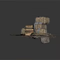 Vintage Stacked Wooden Crates Piled Firewood Barrels And Lantern On Straw