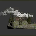 Miniature Log Cabin Decorative Model With Pine Trees Clouds And Rock Base For Home Decoration