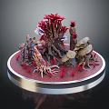 Vibrant Red Plants With Intricate Roots Mushroom Like Structures And Red Grass
