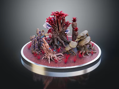 Vibrant Red Plants With Intricate Roots Mushroom Like Structures And Red Grass 3d model