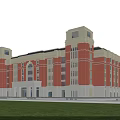 Red Brick School Building With White Accents Tower Design And Green Lawn