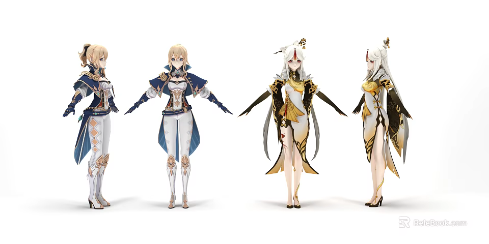 Game Movie Characters Four Female Figures With Elegant Ornate Costumes And Detailed Attire 3d model 