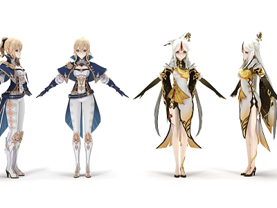 Game Movie Characters Four Female Figures With Elegant Ornate Costumes And Detailed Attire 3d model