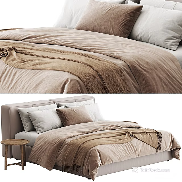Double Bed With Beige Bedding Brown White Pillows Draped Blanket And Upholstered Headboard 3d model 