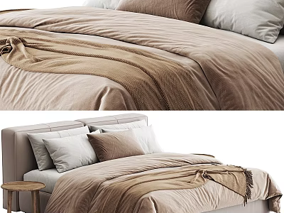 Double Bed With Beige Bedding Brown White Pillows Draped Blanket And Upholstered Headboard 3d model
