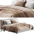 Double Bed With Beige Bedding Brown White Pillows Draped Blanket And Upholstered Headboard
