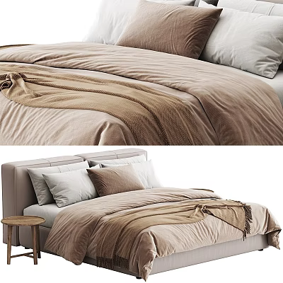 Double Bed With Beige Bedding Brown White Pillows Draped Blanket And Upholstered Headboard 3d model