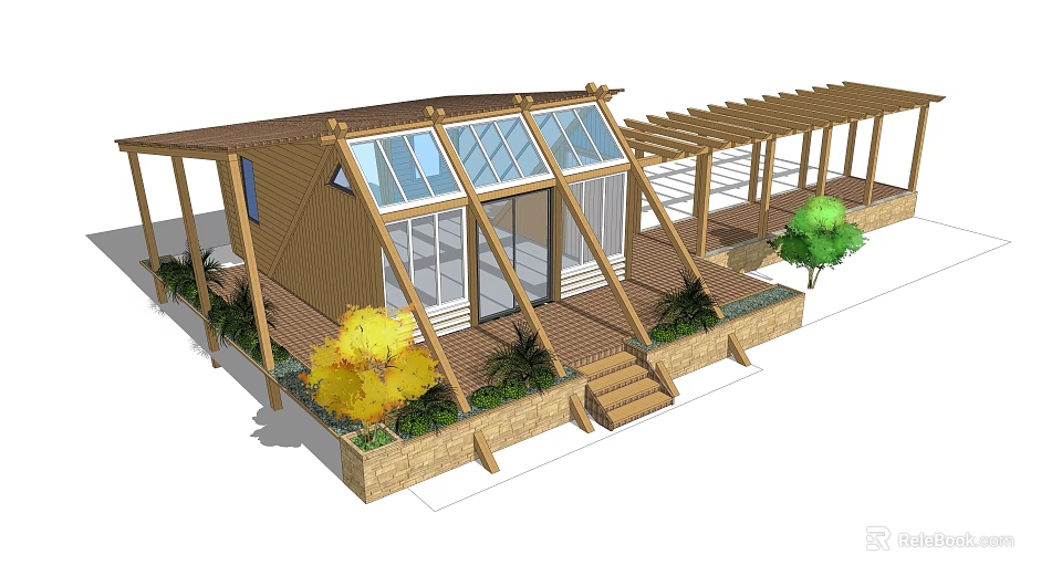 Wooden Log Cabin With Gabled Roof Glass Windows And Wooden Pergola Surrounded By Green Plants 3d model 