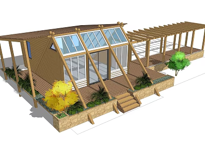 Wooden Log Cabin With Gabled Roof Glass Windows And Wooden Pergola Surrounded By Green Plants 3d model