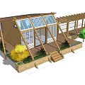 Wooden Log Cabin With Gabled Roof Glass Windows And Wooden Pergola Surrounded By Green Plants