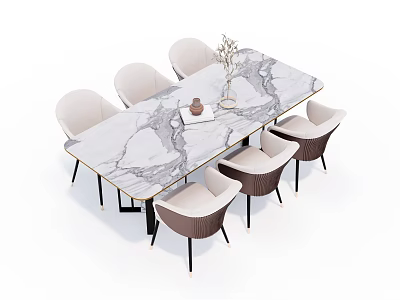 Modern Dining Table Set With Marble Tabletop And Beige Upholstered Chairs 3d model