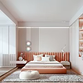 Pink And White Kids Room Interior With Soft Bed Bookshelves Lighting And Pouf
