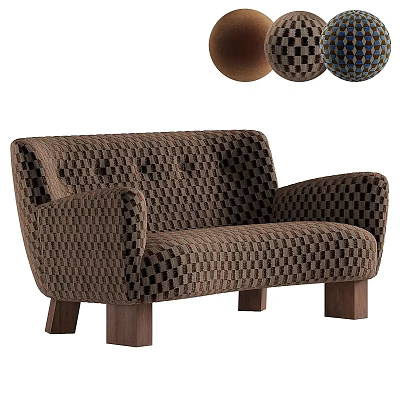Comfortable Brown Checkered Woven Double Seater Sofa With Solid Wood Legs For Cozy Living Spaces 3d model