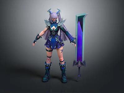 Fantasy Female Character In Blue Purple Armor With Horns Long Hair And Large Blue Sword 3d model