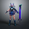 Fantasy Female Character In Blue Purple Armor With Horns Long Hair And Large Blue Sword