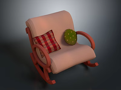 Comfortable Beige Rocking Chair With Red Wooden Armrests And Decorative Pillows 3d model