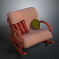 Comfortable Beige Rocking Chair With Red Wooden Armrests And Decorative Pillows