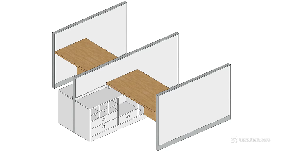 Partitioned Office Workstations With Wooden Desks White Drawer Cabinets And Transparent Divider Panels 3d model 
