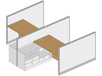 Partitioned Office Workstations With Wooden Desks White Drawer Cabinets And Transparent Divider Panels 3d model