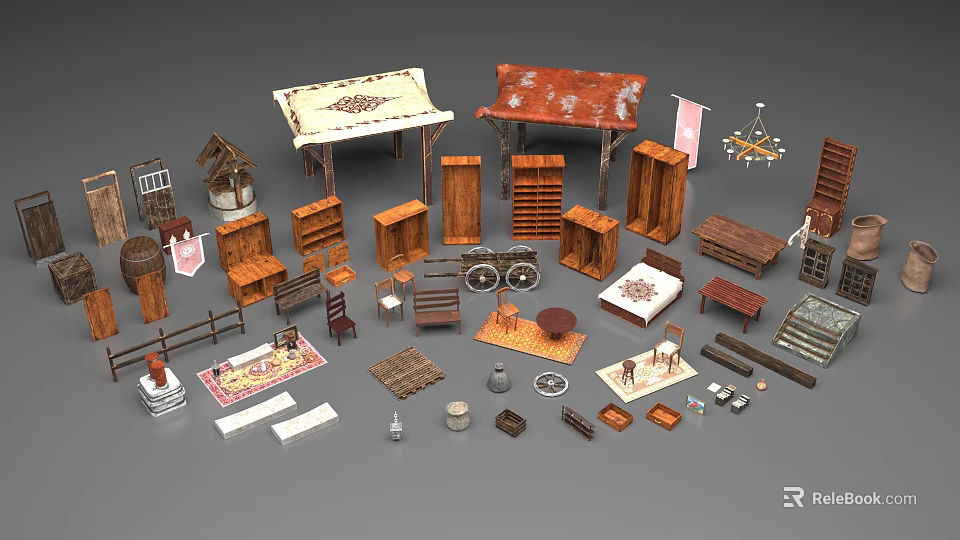 Public Facilities With Various Wooden Furniture Components Market Stalls Shelves Tables Chairs And Rugs 3d model 