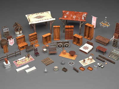 Public Facilities With Various Wooden Furniture Components Market Stalls Shelves Tables Chairs And Rugs 3d model